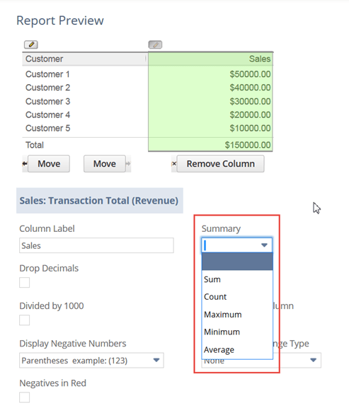 Summary types available for summary reports.