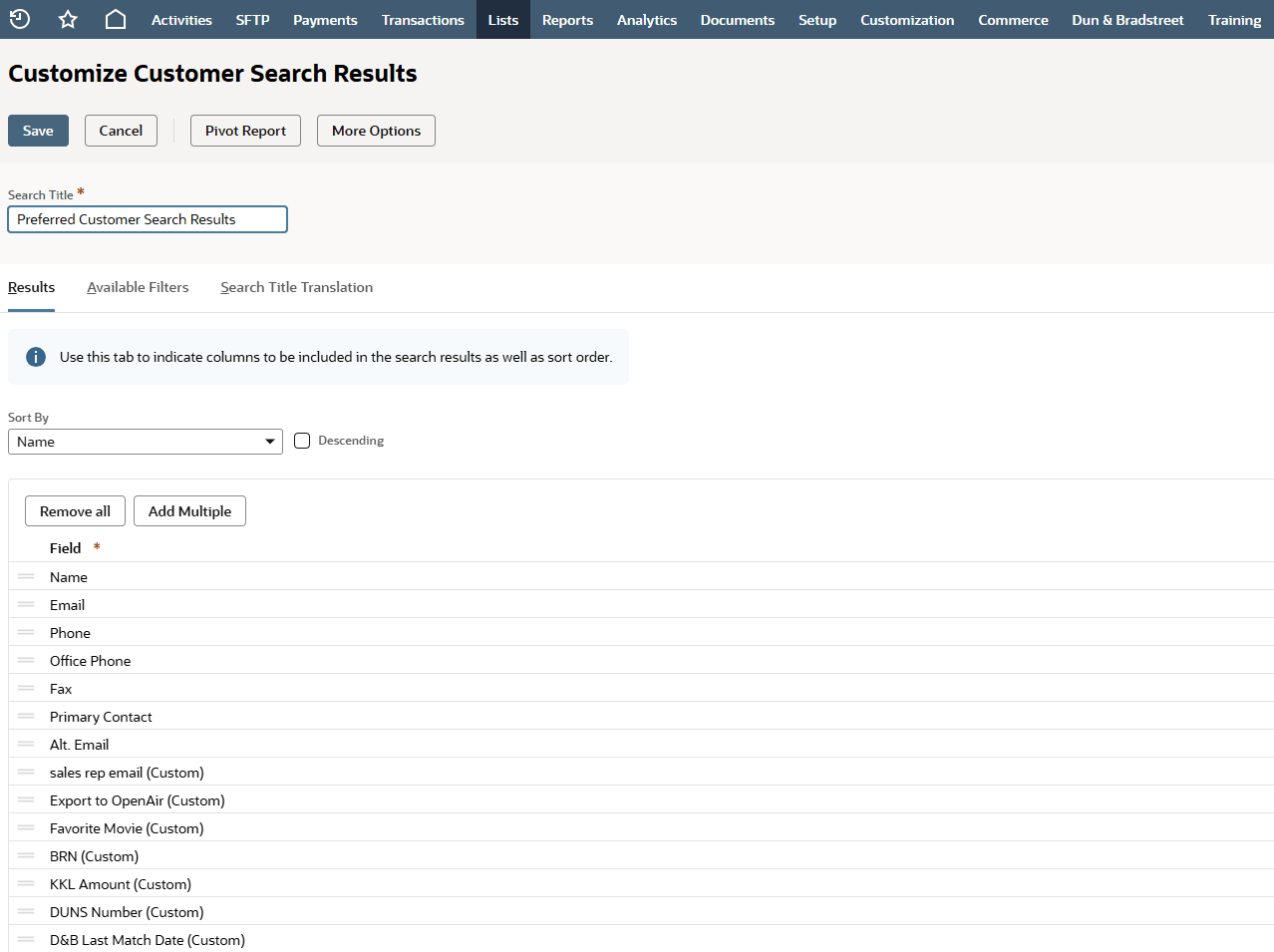 Search customization page