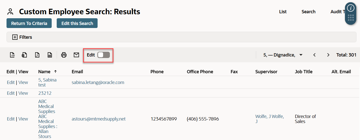 Global search interface inline edit slider.