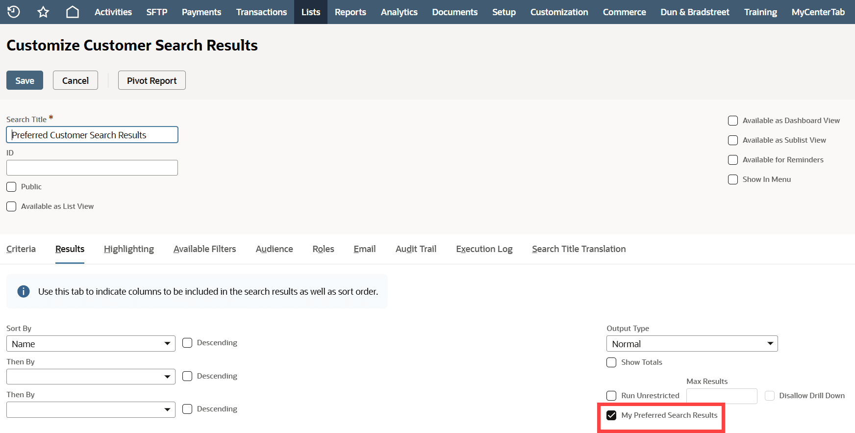 My Preferred Search Results box.