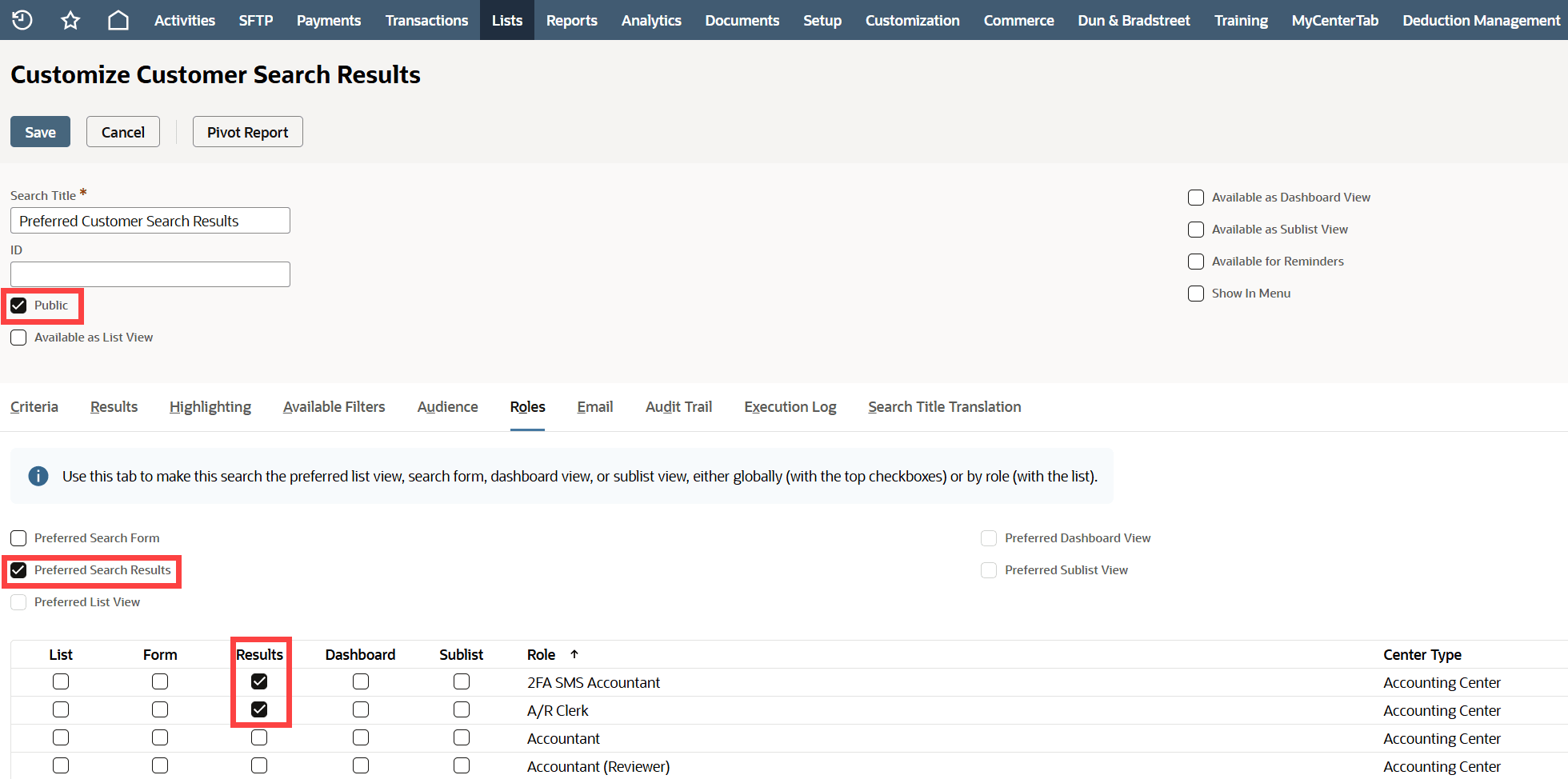 The Public and Preferred Search Results boxes.