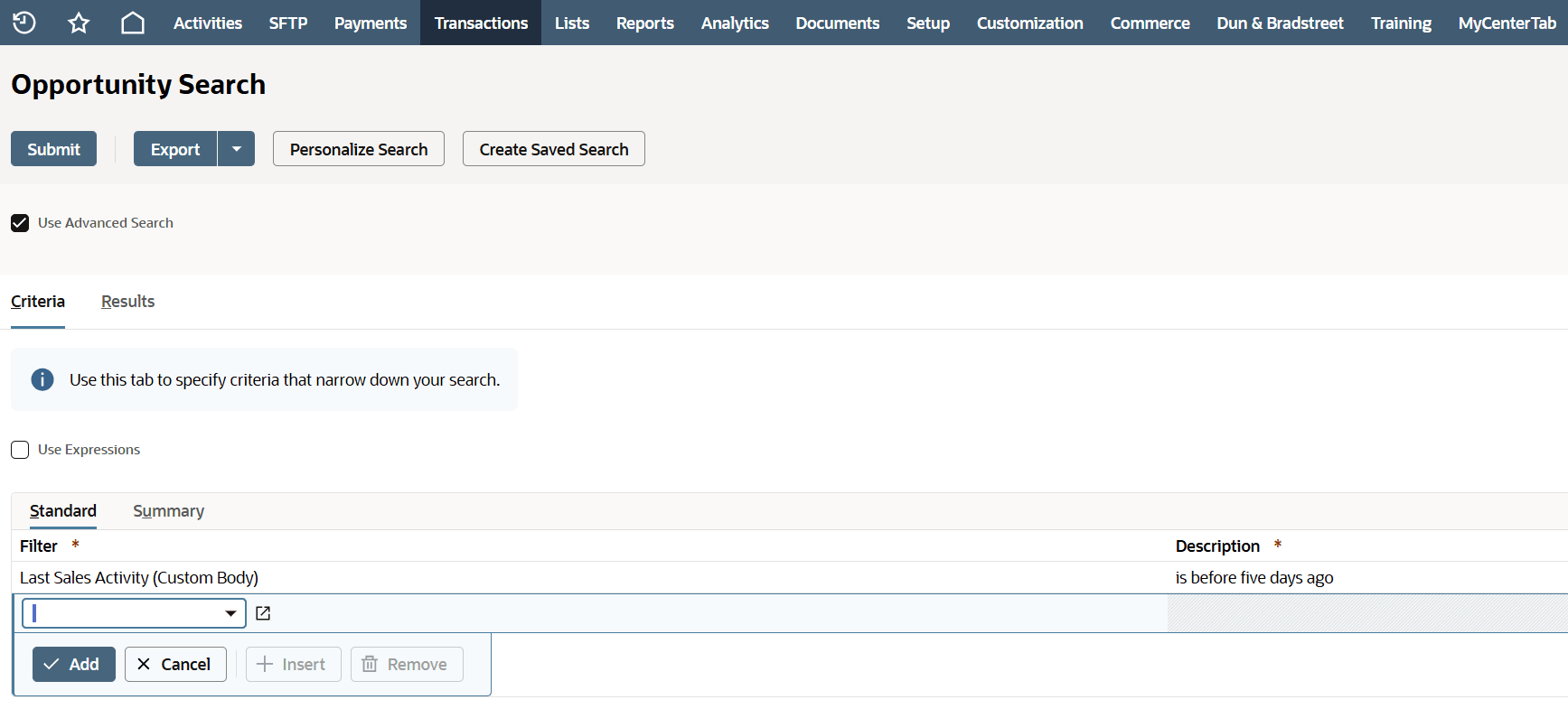 Saved opportunity search example.