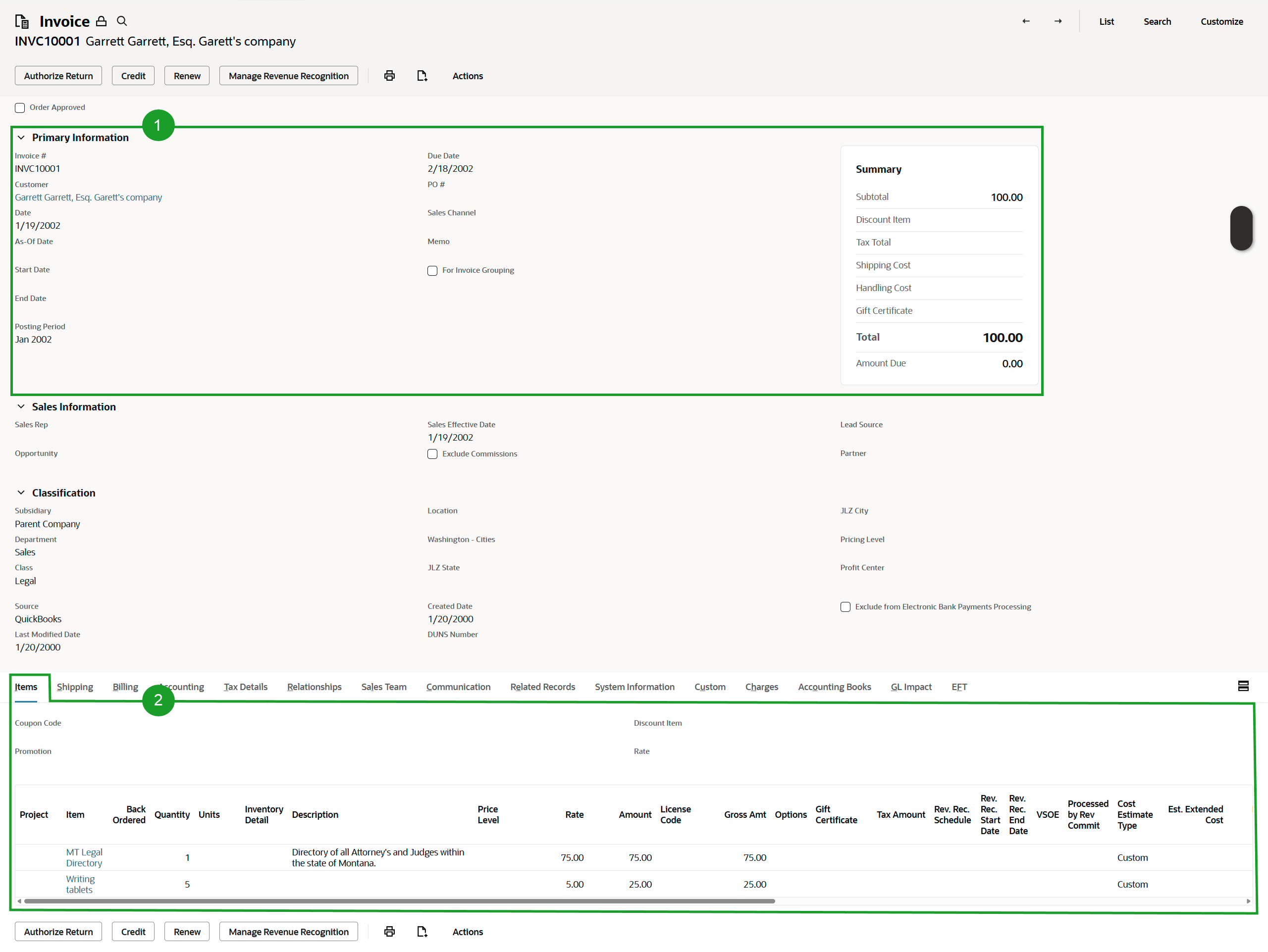 Main line invoice with numbers.
