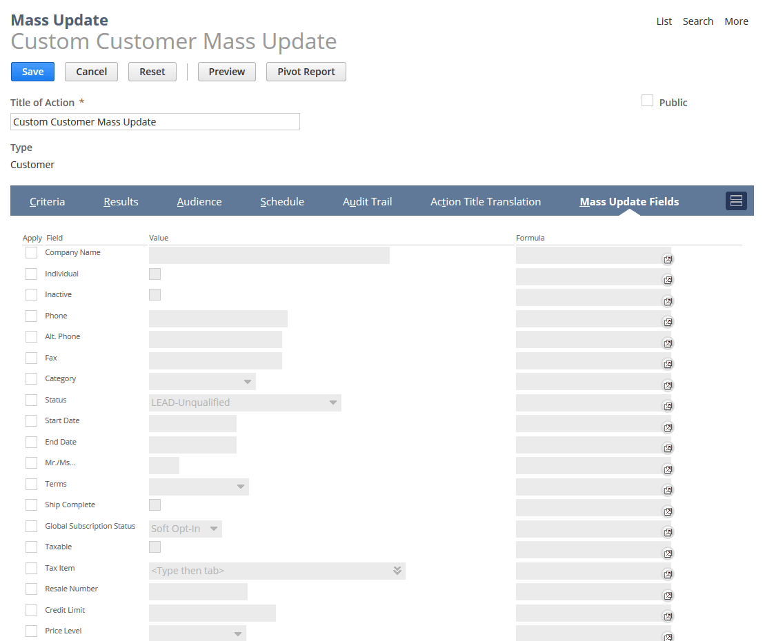 Mass Update Fields subtab on the Mass Update page.