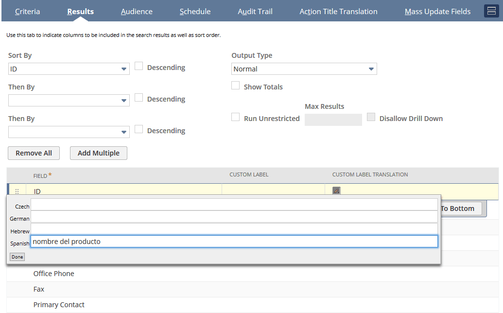 Translations for mass update column headings.