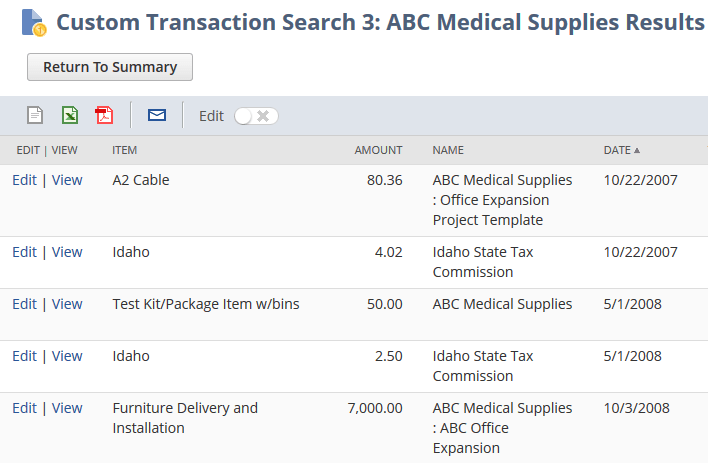 Drill down of Custom Transaction search results.