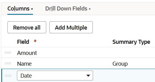 Group summary type selected for the Name field.