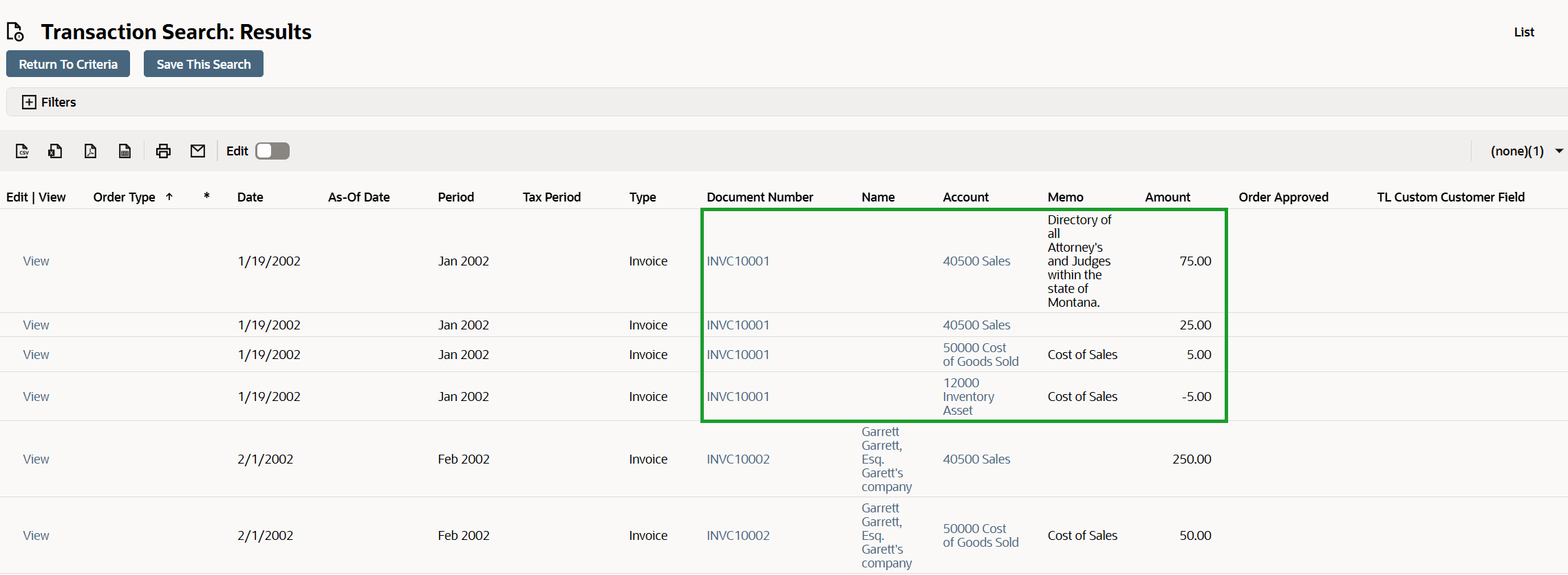 Example search with Main Line set to false.