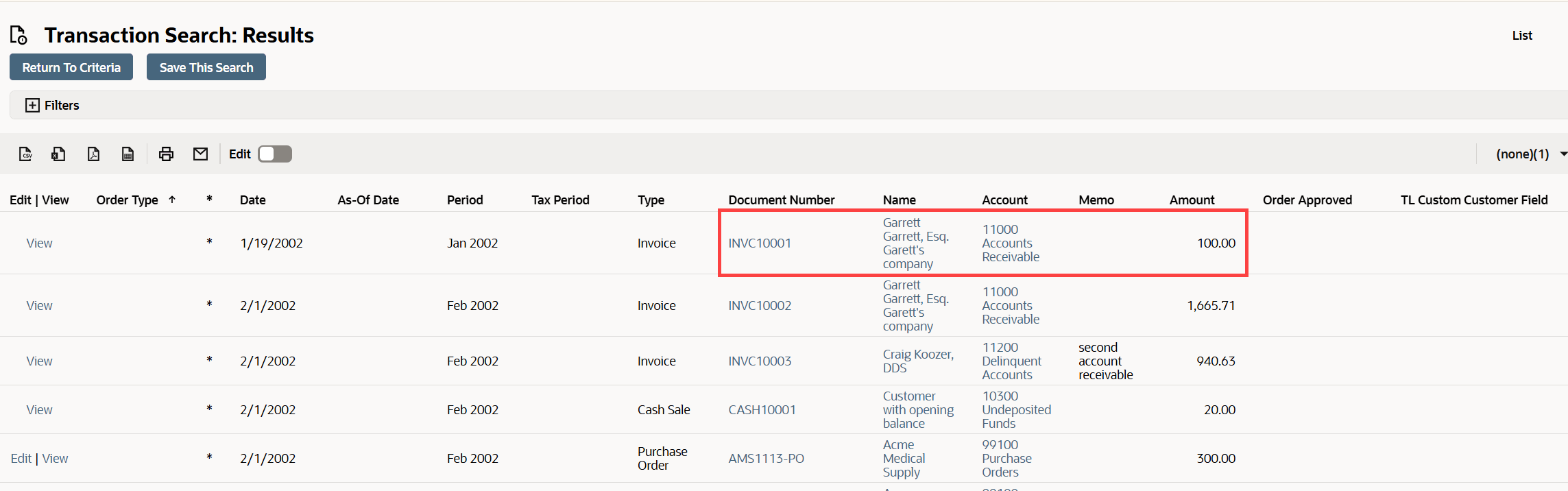 Search example when the Main Line is set to true.