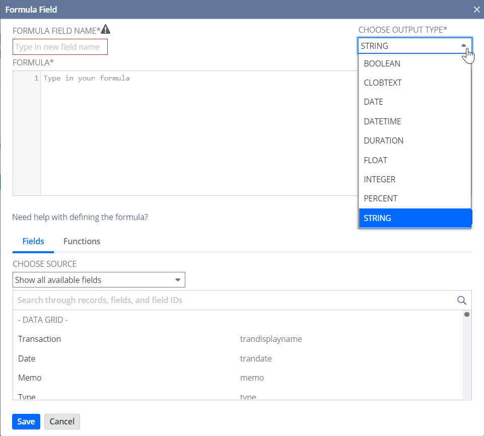 Choose Output Type dropdown list with String selected.