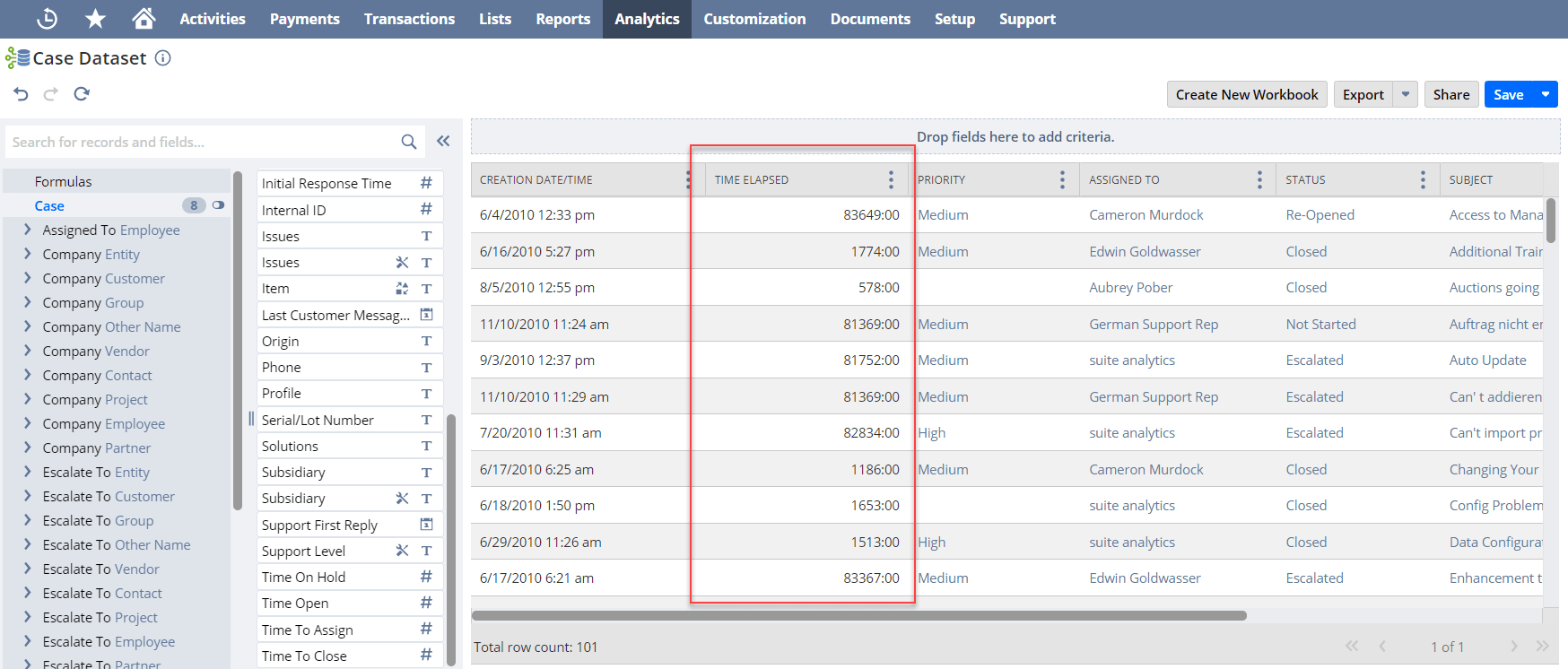 Example of calculating duration values in the Time Elapsed column.