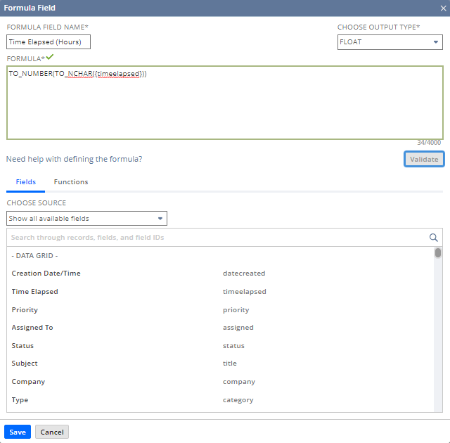 Time Elapsed (Hours) selected in the Formula Field Name fields.