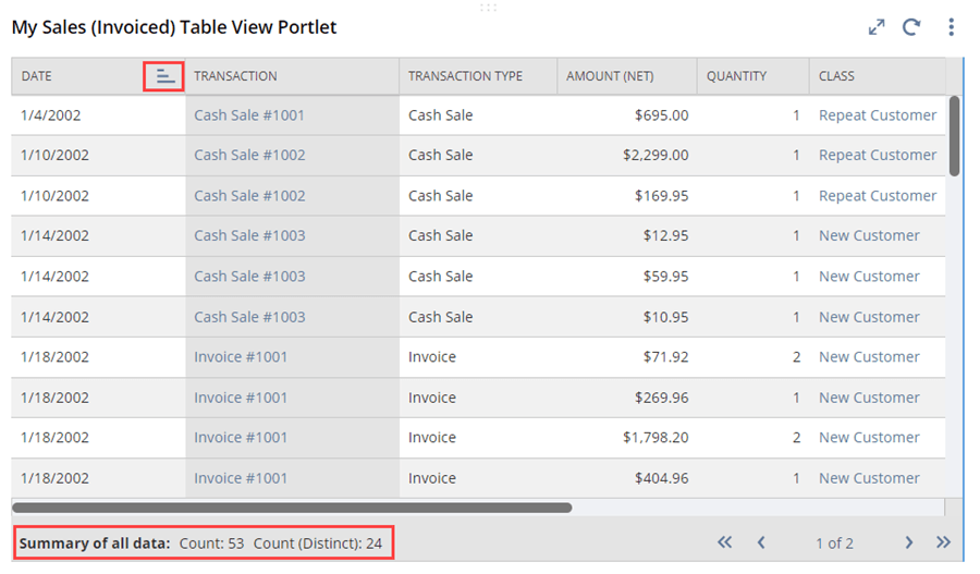 My Sales (Invoiced) Table View portlet.