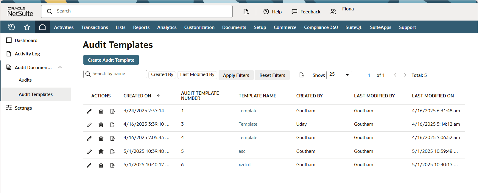 A screenshot that shows a portion of the Compliance 360 Audit Templates list page
