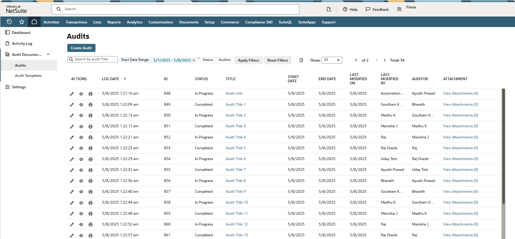 A screenshot of the Audits List Page