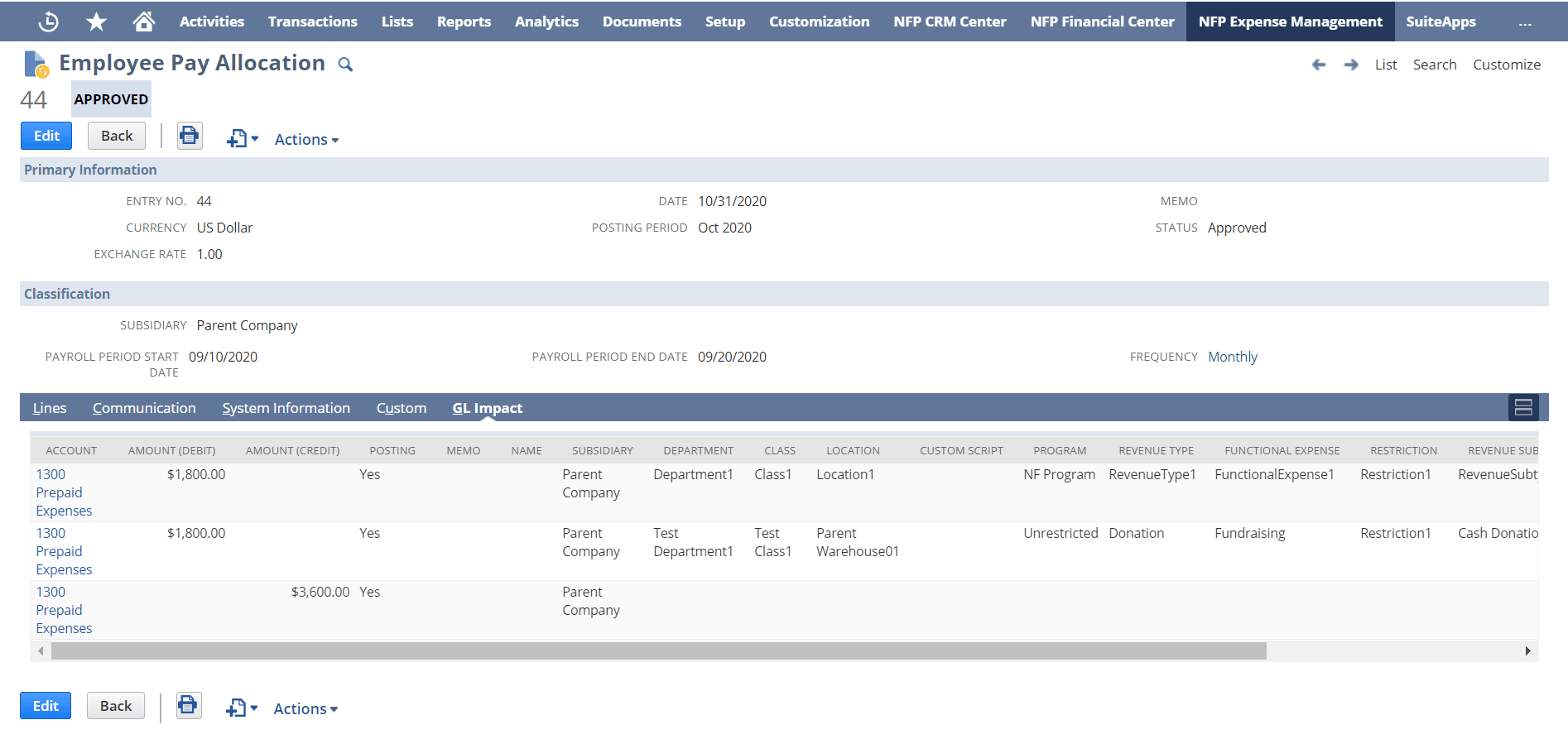 An Employee Pay Allocation record with Approved status.