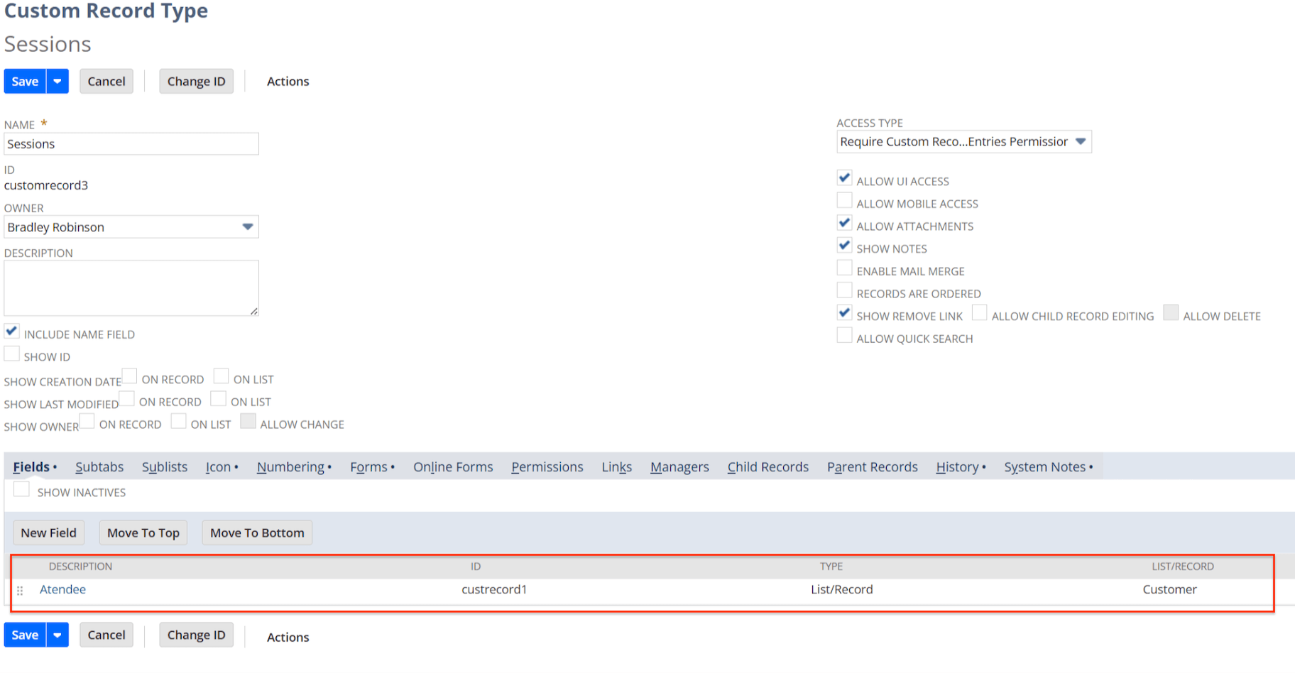 Eaxmple of custom record type with custom field called Attendee.