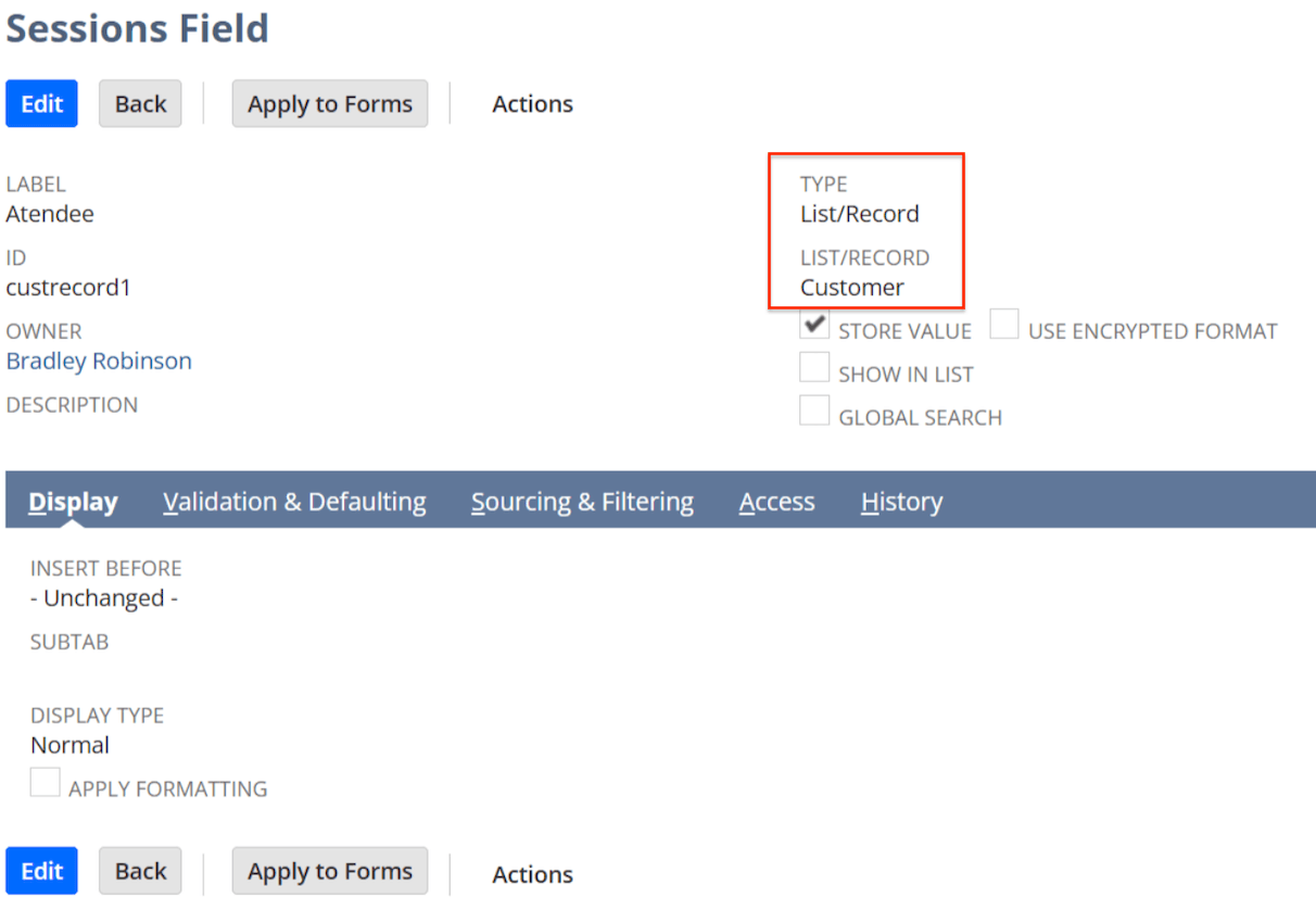 Sessions Field with the highlightedType and the List/Record fields.