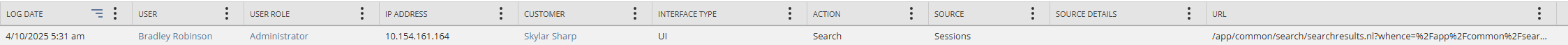Example PI Access log with the Search action performed on Sessions record.