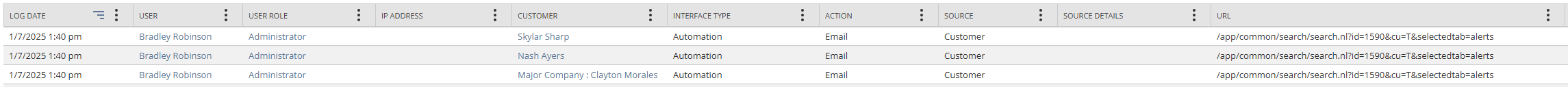 Example of a log for scheduled email alert.