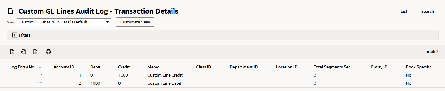 Custom GL Lines Ausit Log Transaction Details page