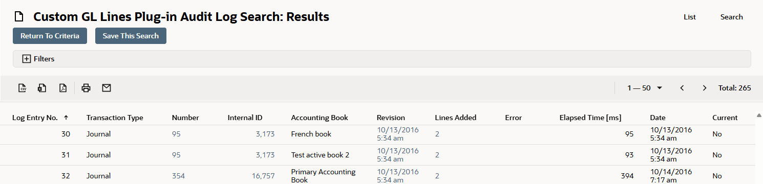 Custom GL Lines Audit Log page