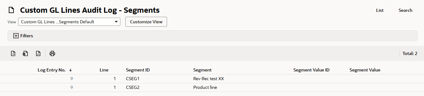 Custom GL Lines Audit Log Segments page