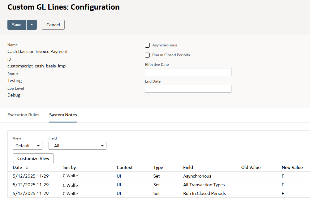 Custom GL Lines: Configuration page