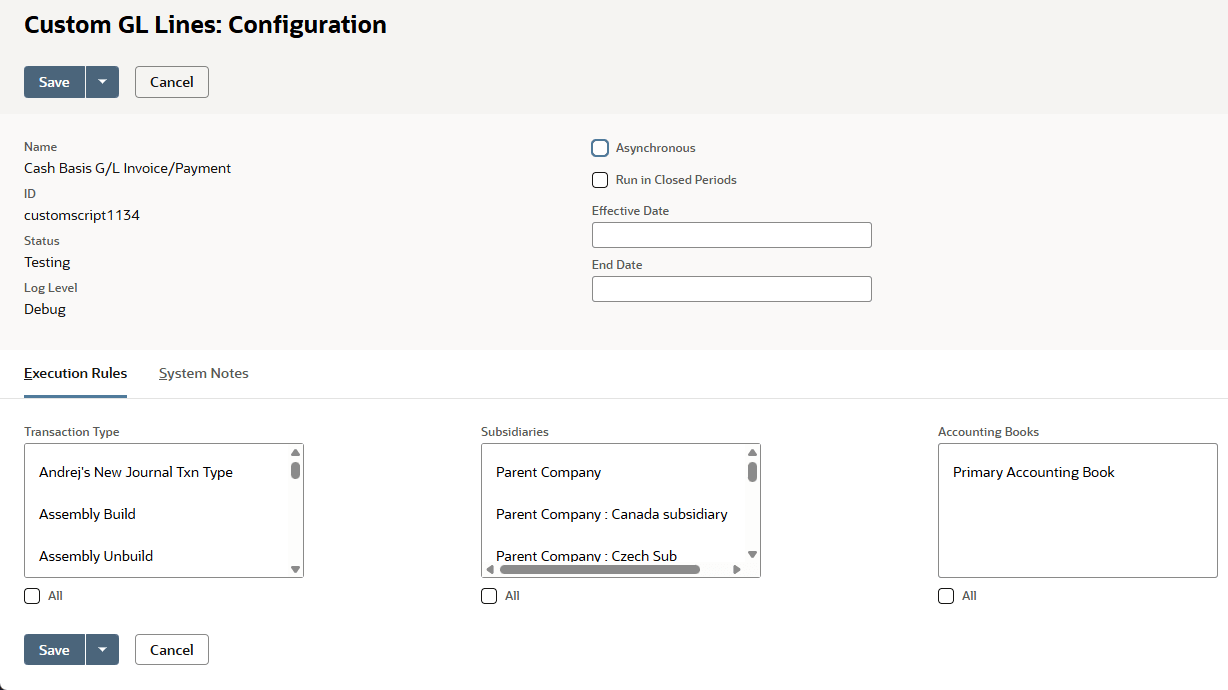 Custom GL Lines: Configuration page