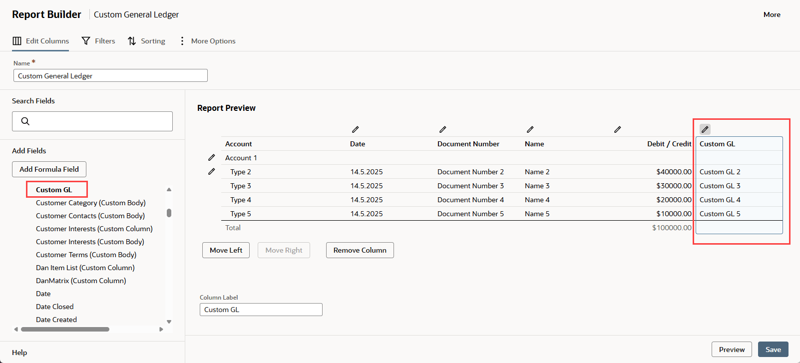 Custom GL report column in the Report Builder.