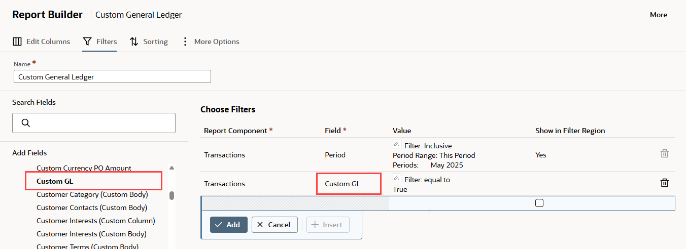 Custom GL filter in the Report Builder.