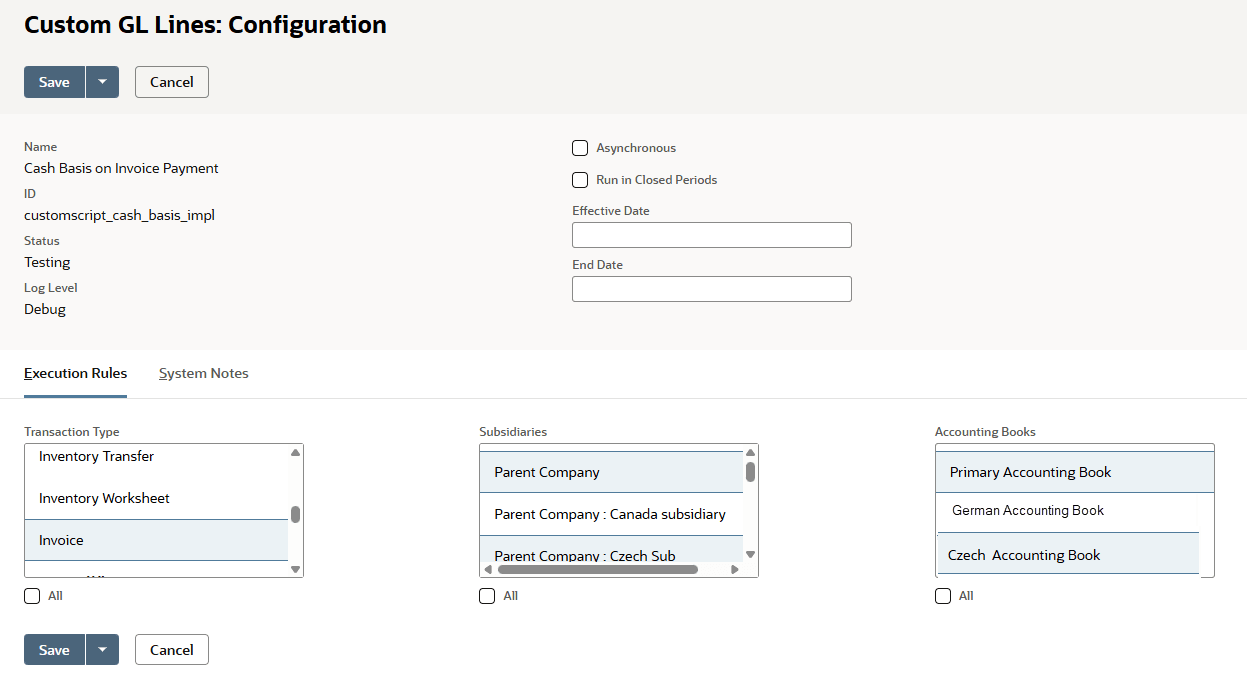 Custom GL Lines Configuration page