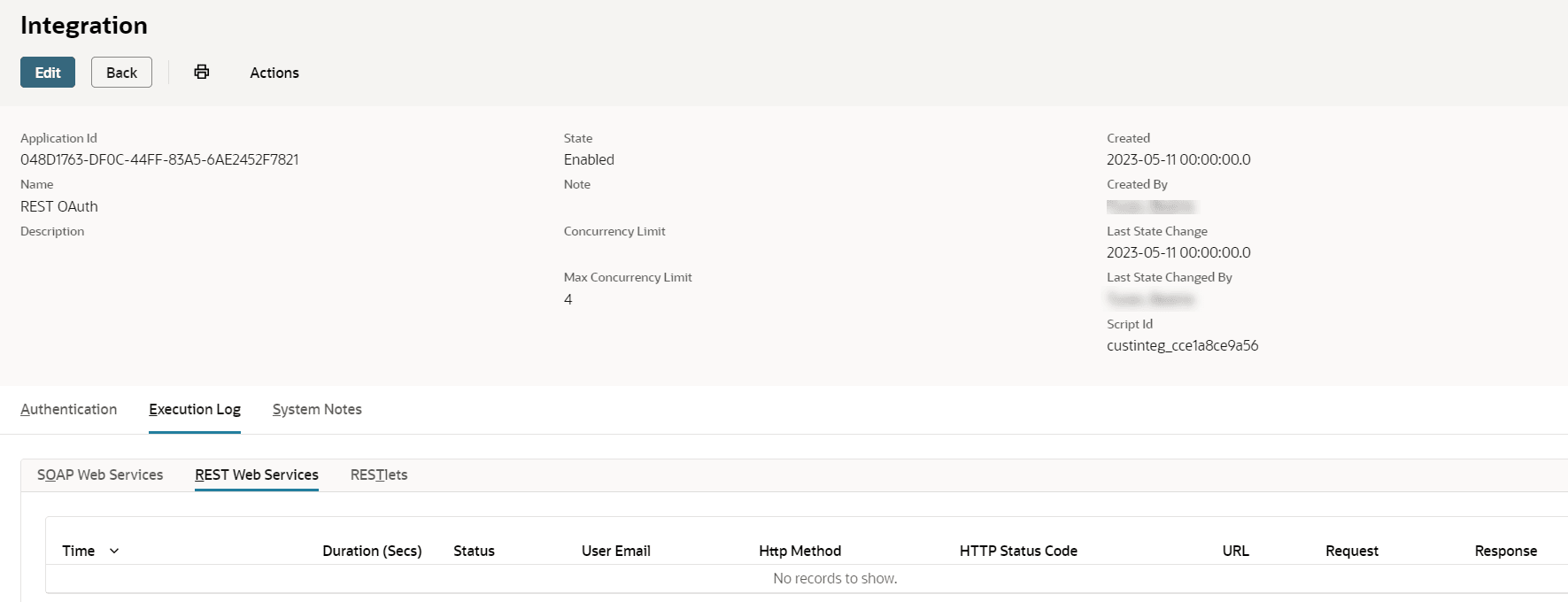 An example of the contents of the REST Web Services Execution Log.