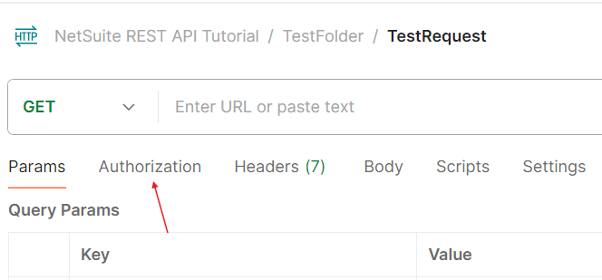 An image with an arrow pointing to the Authorization tab in Postman
