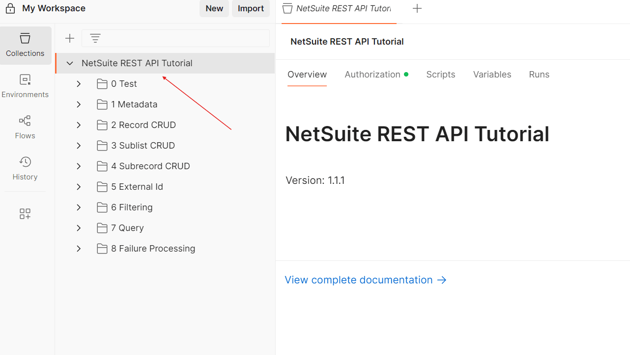 Image with arrow pointing to a collection in Postman