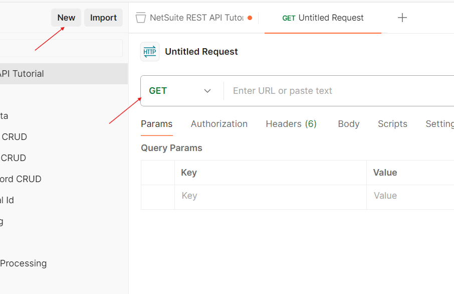 Arrows pointing to options to select in Postman to create a GET request