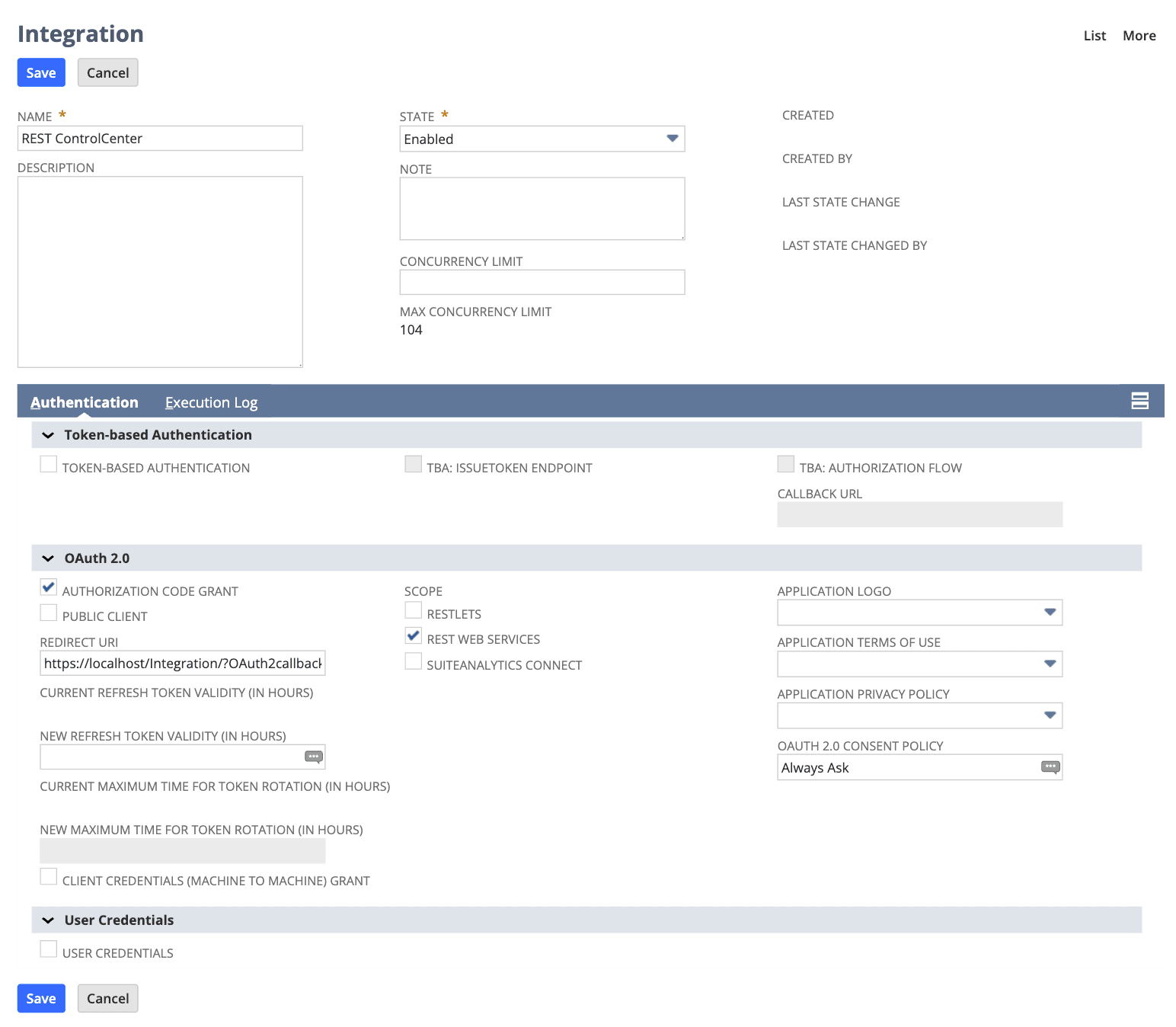 The completed integration record to be used for Control Center API endpoints.
