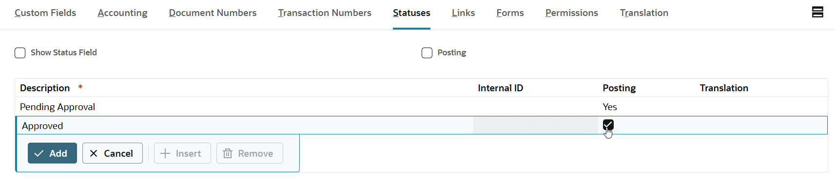 Transaction type Status subtab.