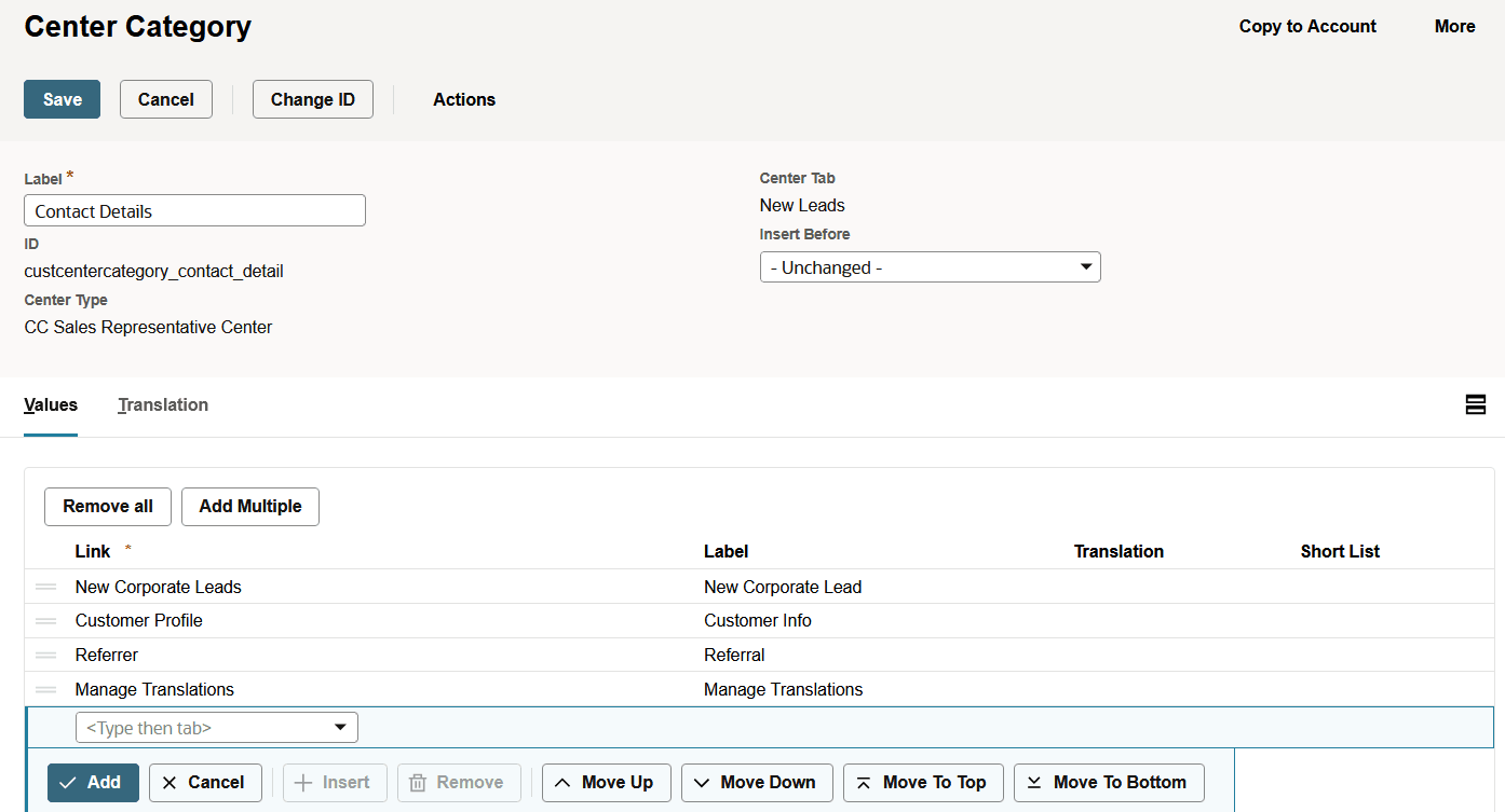 Customer Center Category Values subtab