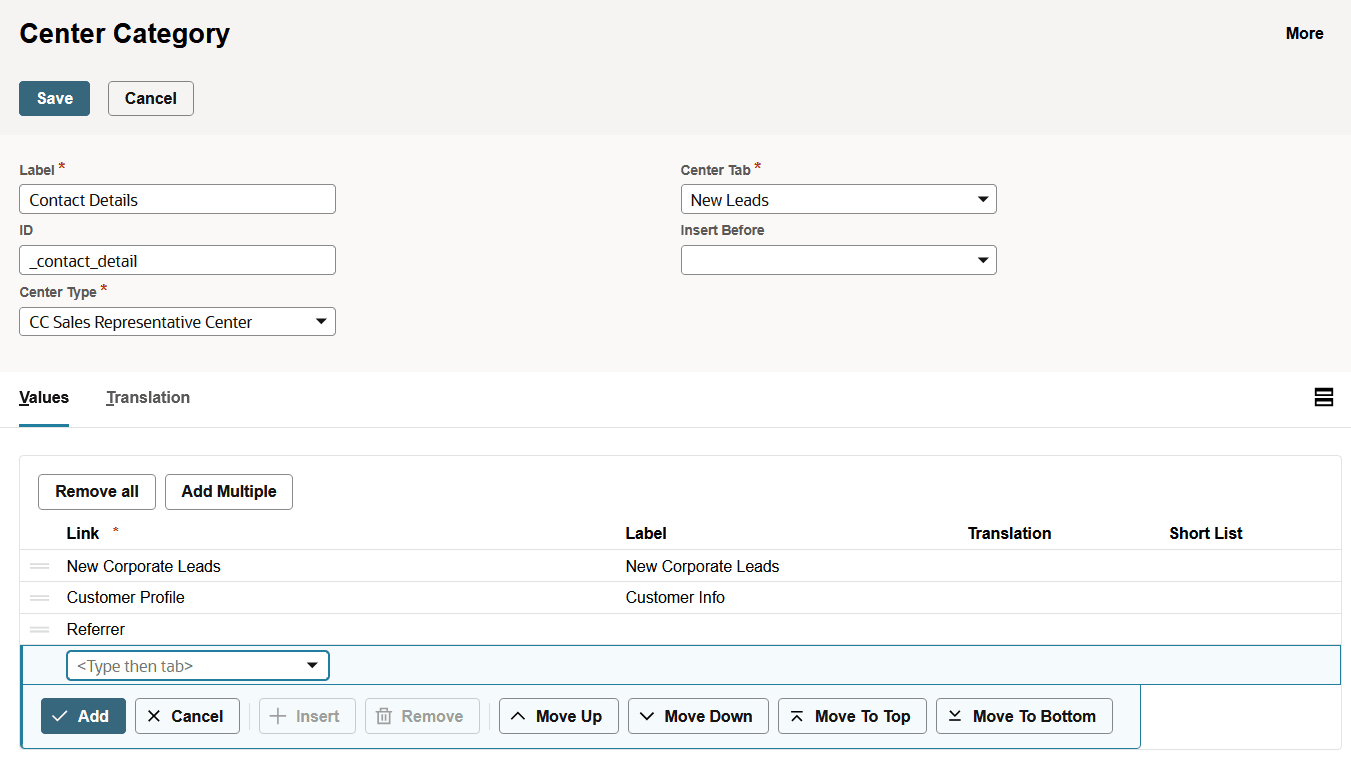 Custom Center Category Values subtab