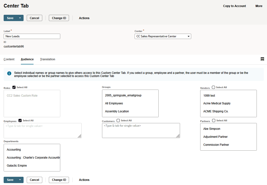 Custom Center Tab Audience subtab