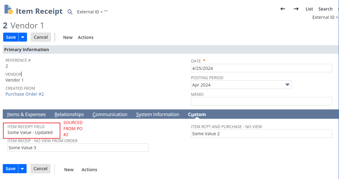 Example image of Item Receipt with content sourced from a purchase order