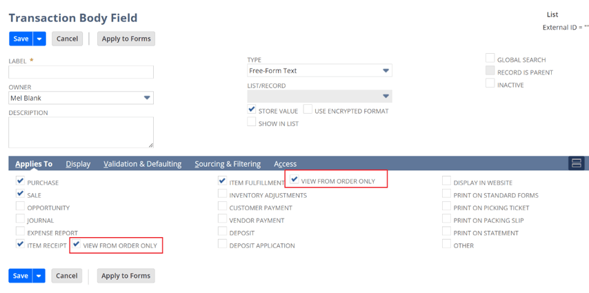 Transaction Body Field Image with View From Order Only selected