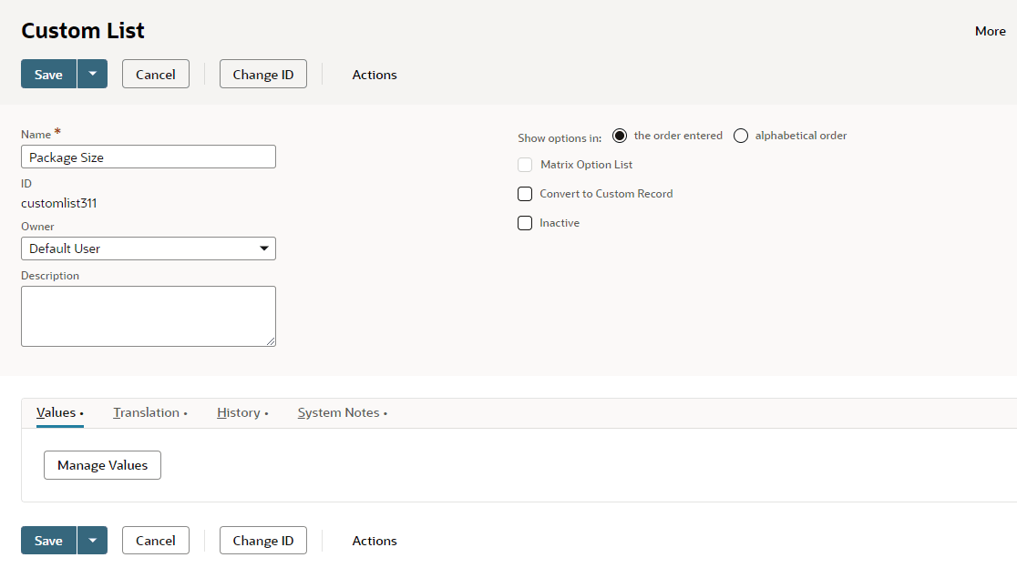 Custom List page showing Manage Values button on the Values subtab.