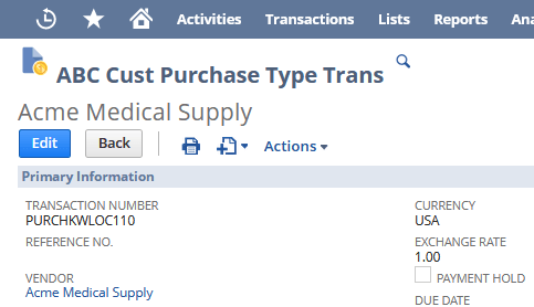 Sample purchase type transaction showing a transaction number that uses both transaction type prefix and a location prefix.