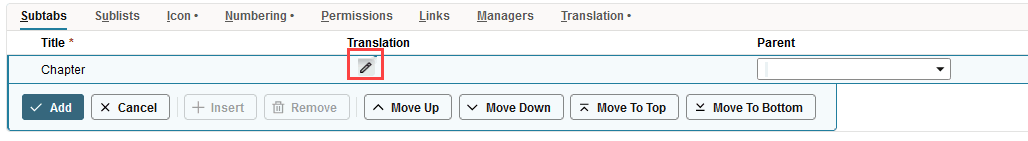 Sample Subtabs subtag with Translation edit button highlighted.