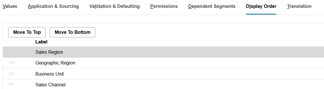 Display Order subtab listing active custom segments in display order.