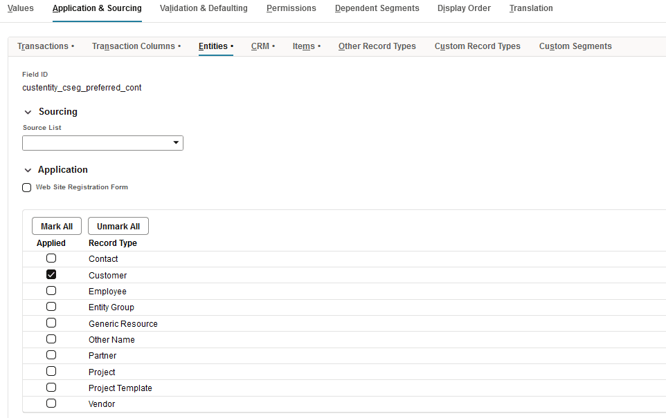 Application & Sourcing Entities subtab showing Customer box checked.