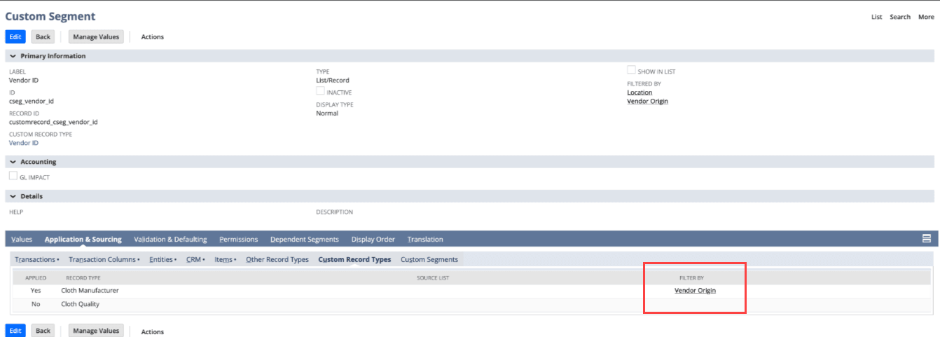 Custom segment filtering showing filter by segments for a custom record type.