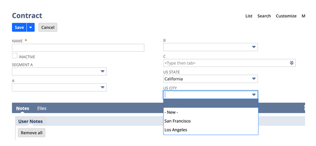 Custom segment Filter on a Contract record showing filtering of US city based on US state.